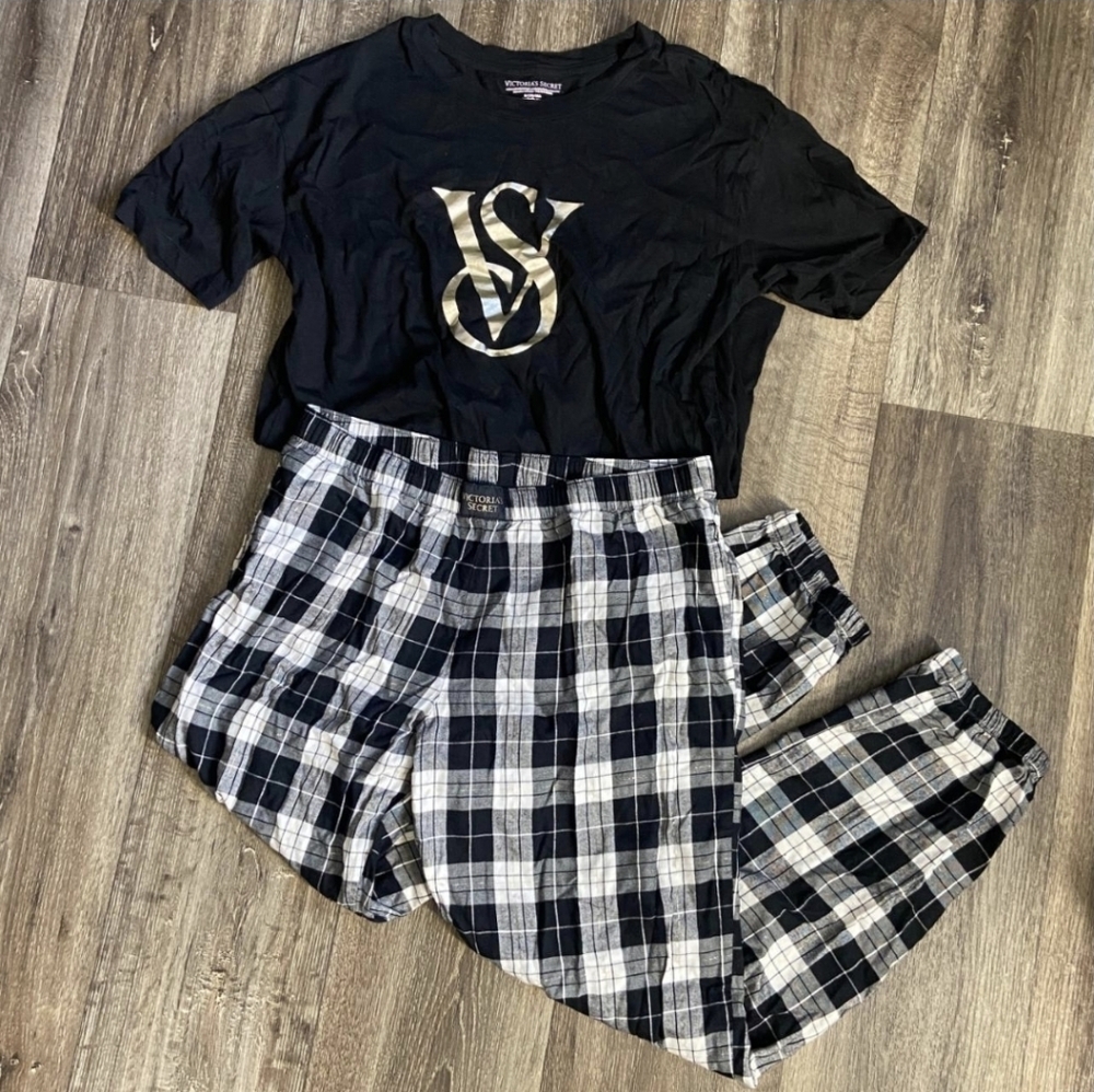Victoria's Secret Black White Gold Plaid Pajama Set Womens Size M Loungewear